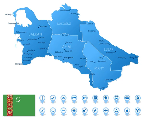 Mapa Azul Turkmenistán Divisiones Administrativas Con Iconos Infografía Viajes Ilustración — Archivo Imágenes Vectoriales