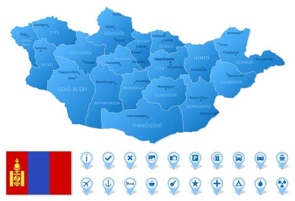 Mapa Azul Mongolia Divisiones Administrativas Con Iconos Infografía Viajes Ilustración — Vector de stock