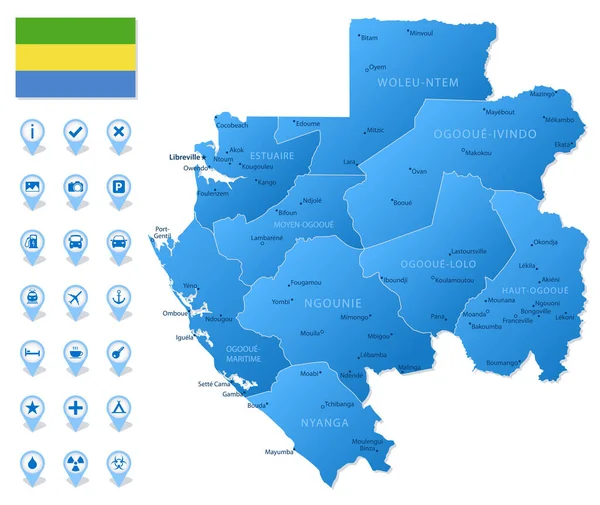 Mapa Azul Das Divisões Administrativas Gabão Com Ícones Infográficos Viagem — Vetor de Stock