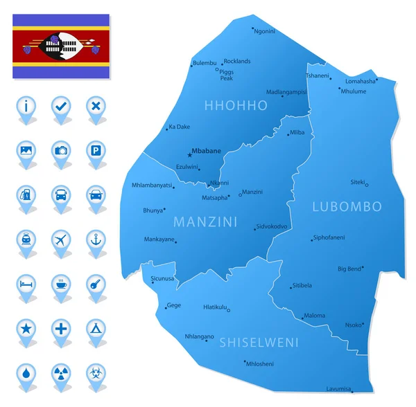 Mapa Azul Las Divisiones Administrativas Eswatini Con Iconos Infografía Viajes — Vector de stock