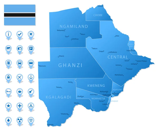 Mapa Azul Botswana Divisiones Administrativas Con Iconos Infografía Viajes Ilustración — Vector de stock