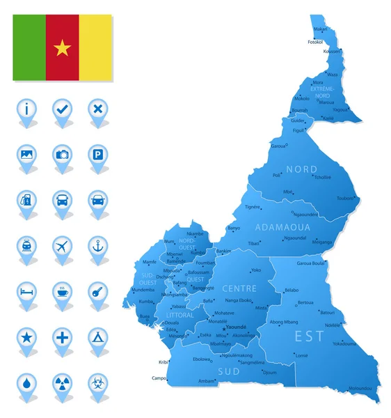 Mapa Azul Las Divisiones Administrativas Camerún Con Iconos Infografía Viajes — Vector de stock