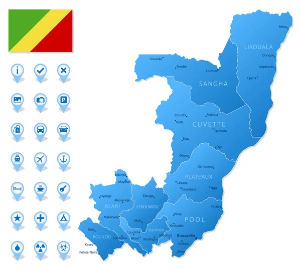 Mapa Azul Las Divisiones Administrativas República Del Congo Con Iconos — Vector de stock