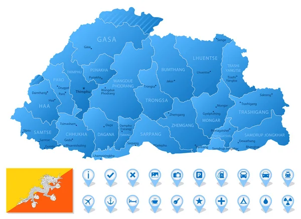 Mapa Azul Las Divisiones Administrativas Bután Con Iconos Infografía Viajes — Archivo Imágenes Vectoriales
