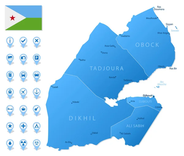 Mapa Azul Las Divisiones Administrativas Djibouti Con Iconos Infografía Viajes — Vector de stock