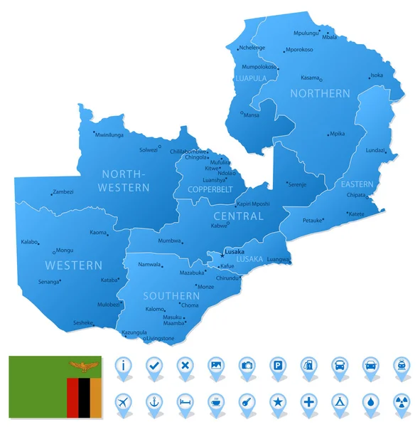 Blauwe Kaart Van Zambia Administratieve Afdelingen Met Reisinfographic Pictogrammen Vectorillustratie — Stockvector