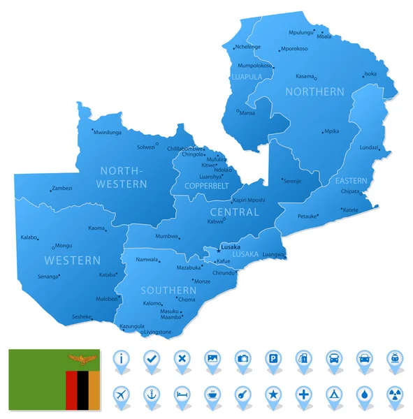 Blått Kart Zambia Administrative Inndelinger Med Infografiske Reiseksikoner Vektorillustrasjon – stockvektor