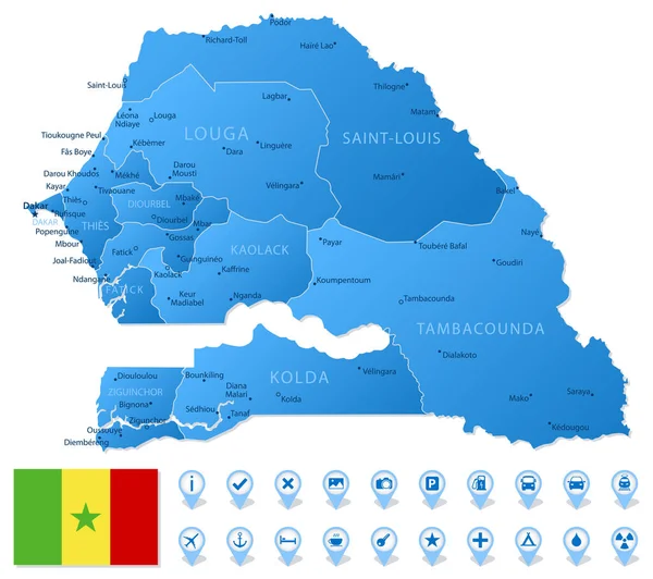 Mapa Azul Senegal Divisiones Administrativas Con Iconos Infografía Viajes Ilustración — Vector de stock