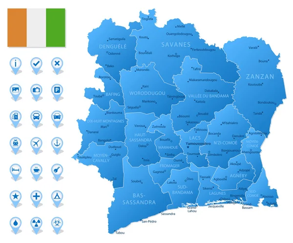Mapa Azul Das Divisões Administrativas Costa Marfim Com Ícones Infográficos — Vetor de Stock