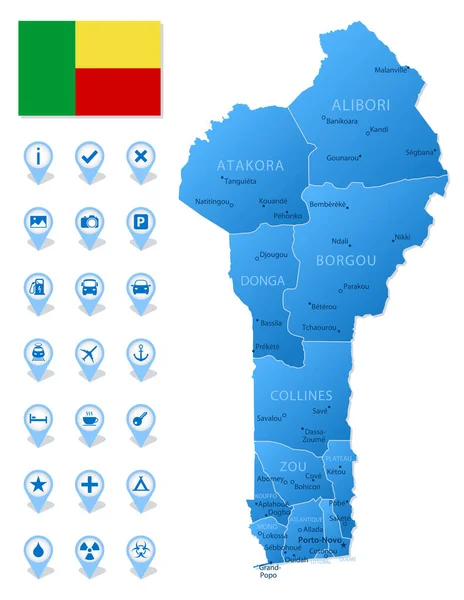 Mapa Azul Las Divisiones Administrativas Benín Con Iconos Infografía Viajes — Vector de stock