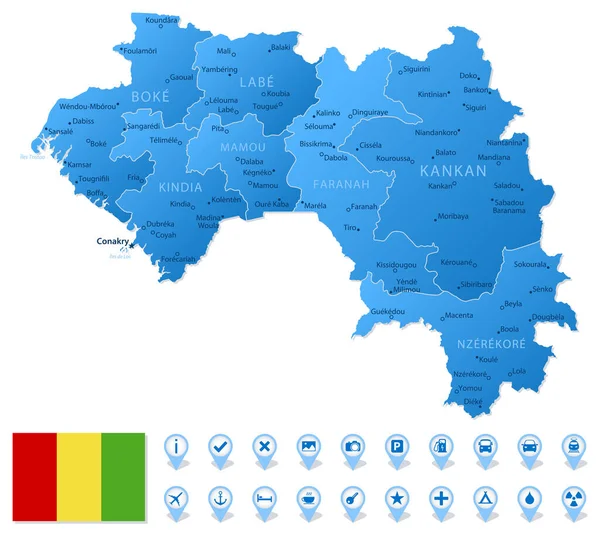 Mapa Azul Das Divisões Administrativas Guiné Com Ícones Infográficos Viagem — Vetor de Stock