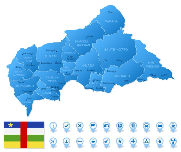Mapa Azul República Centroafricana Divisiones Administrativas Con Iconos Infografía Viajes — Archivo Imágenes Vectoriales