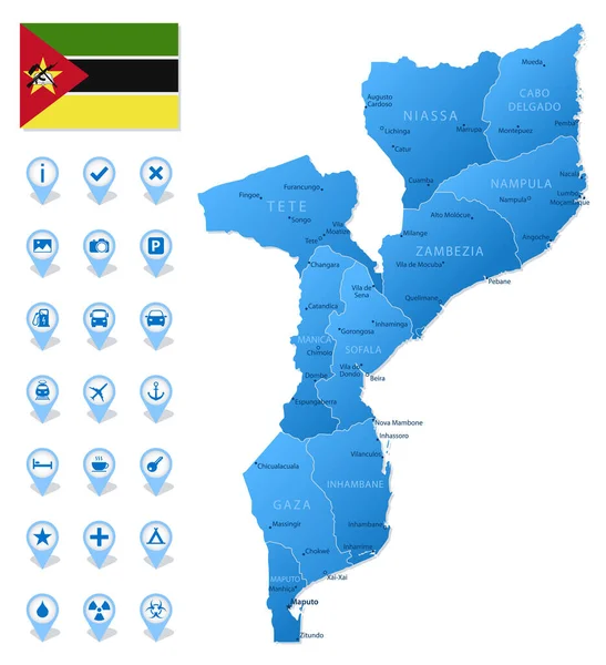 Mapa Azul Mozambique Divisiones Administrativas Con Iconos Infografía Viajes Ilustración — Archivo Imágenes Vectoriales