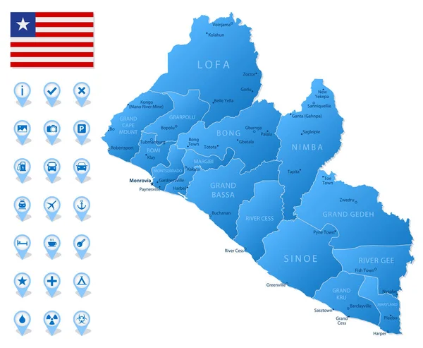 Carte Bleue Des Divisions Administratives Libéria Avec Icônes Infographie Voyage — Image vectorielle