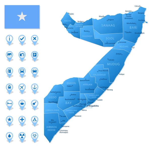 Mapa Azul Somalia Divisiones Administrativas Con Iconos Infografía Viajes Ilustración — Vector de stock