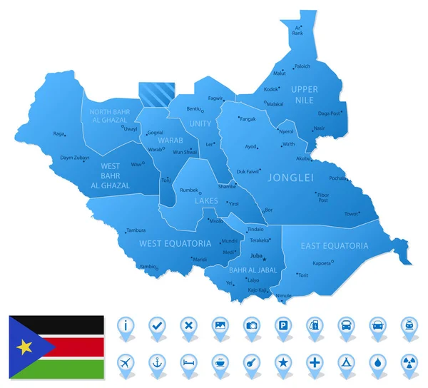 Blå Karta Över Sydsudans Administrativa Divisioner Med Reseinfografiska Ikoner Vektorillustration — Stock vektor