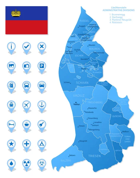 Mapa Azul Das Divisões Administrativas Liechtenstein Com Ícones Infográficos Viagem — Vetor de Stock