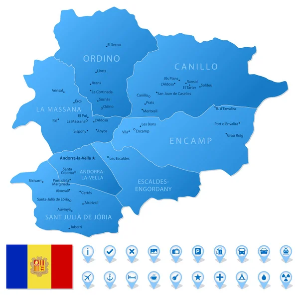 Mapa Azul Andorra Divisiones Administrativas Con Iconos Infografía Viajes Ilustración — Vector de stock