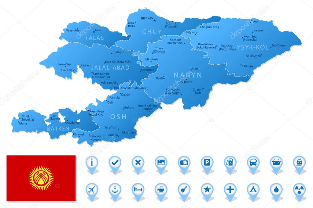 Blue map of Kyrgyzstan administrative divisions with travel infographic icons. Vector illustration