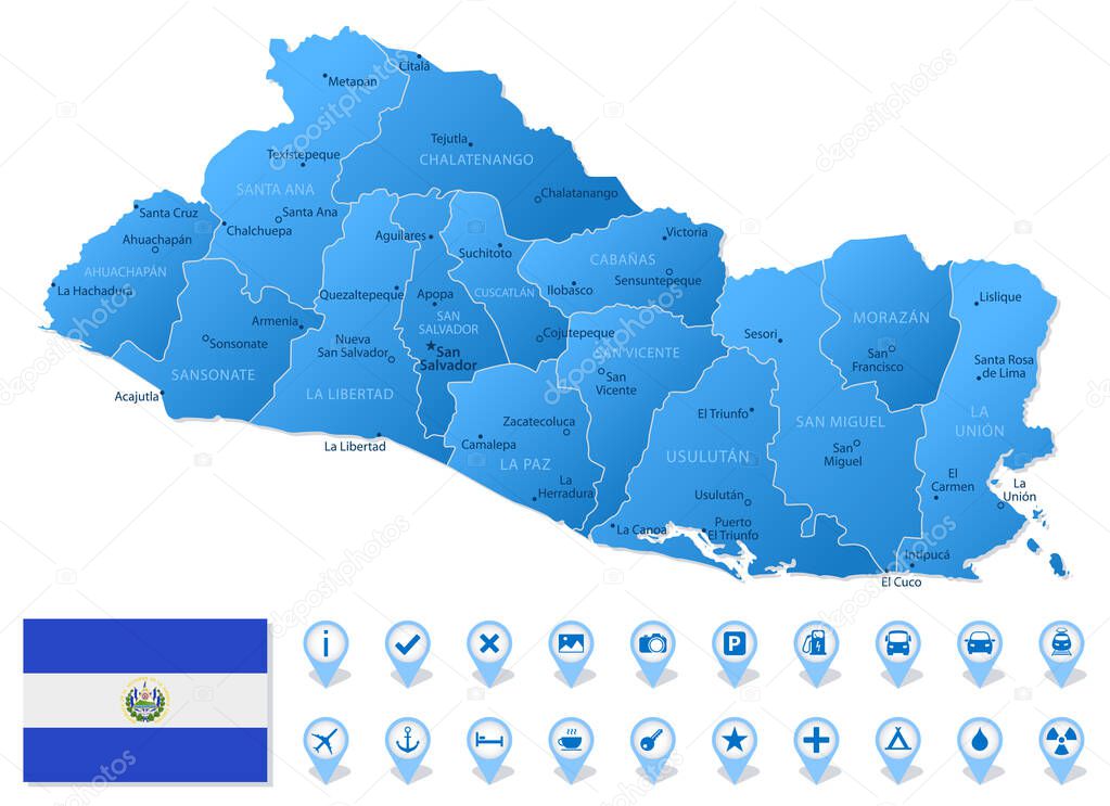 Blue map of El Salvador administrative divisions with travel infographic icons. Vector illustration