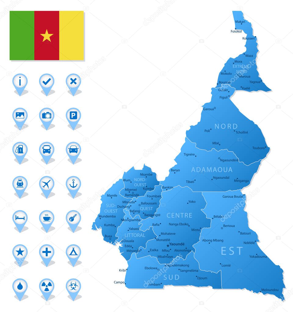 Blue map of Cameroon administrative divisions with travel infographic icons. Vector illustration