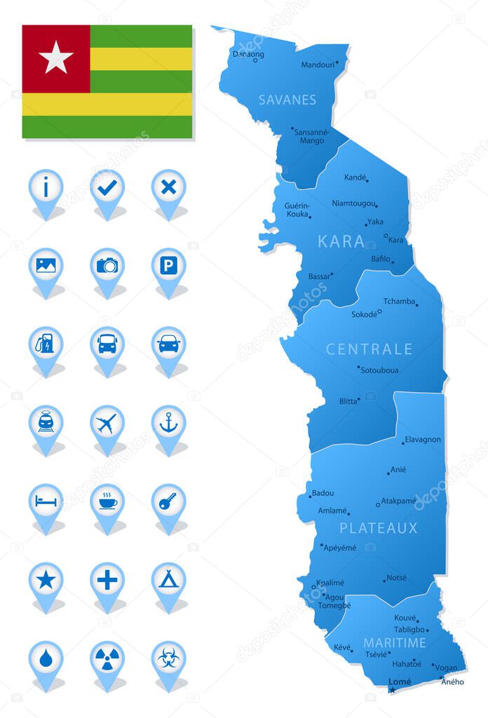 Blue map of Togo administrative divisions with travel infographic icons. Vector illustration