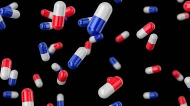Tıbbi kapsüller siyah arka planda kırmızı-beyaz ve beyaz-mavi renkteler. 3B görüntüleme