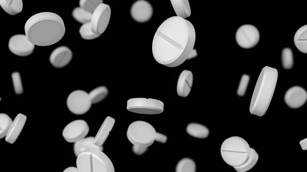 White Pills Falling Black Background Pharmaceutical Concept Rendering — Stock Photo, Image