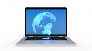 Neon küre dizüstü bilgisayarda döner, alfa kanalı ile 4k döngü animasyonu