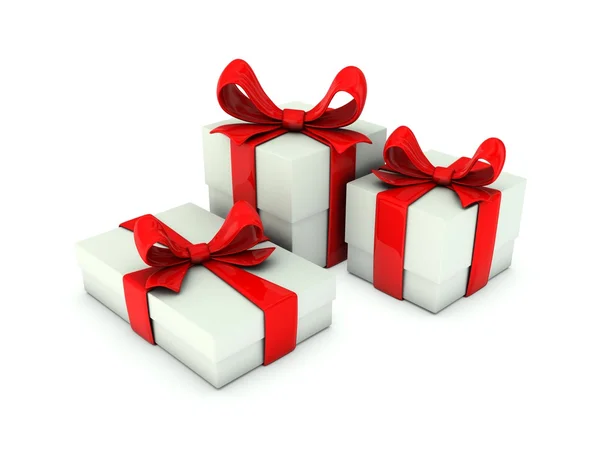 Κουτιά δώρων με κορδέλες σε λευκό — Φωτογραφία Αρχείου