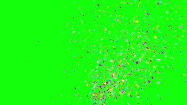 Konfeti patlaması. Yeşil arka planda çok renkli güzel konfeti animasyonu.