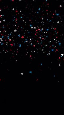 Konfeti patlaması. Kırmızı, mavi ve beyaz konfeti yıldızları şeffaf bir arkaplan üzerine düşüyor.
