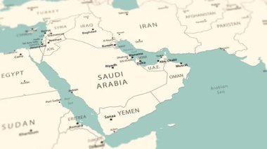 Dünyanın detaylı politik haritasında Orta Doğu 'nun pürüzsüz uçuşu. Hürmüz Boğazı Basra Körfezi 'ndeki küresel bir petrol ve enerji tedarik rotasıdır..