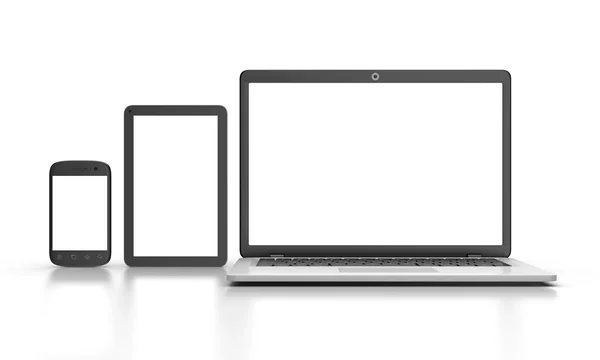 Ordenador portátil, tableta, teléfono inteligente, aislado en blanco . —  Fotos de Stock