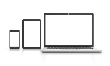 Modern dizüstü bilgisayar, tablet ve üzerinde beyaz izole smartphone.