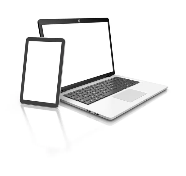 Nowoczesny Laptop i tabletki na białym tle. — Zdjęcie stockowe