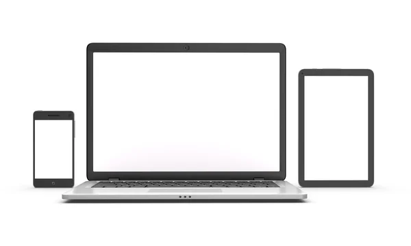 Modern dizüstü bilgisayar, tablet ve üzerinde beyaz izole smartphone.
