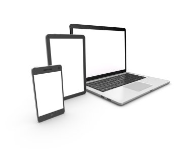 Modern dizüstü bilgisayar, tablet ve üzerinde beyaz izole smartphone.