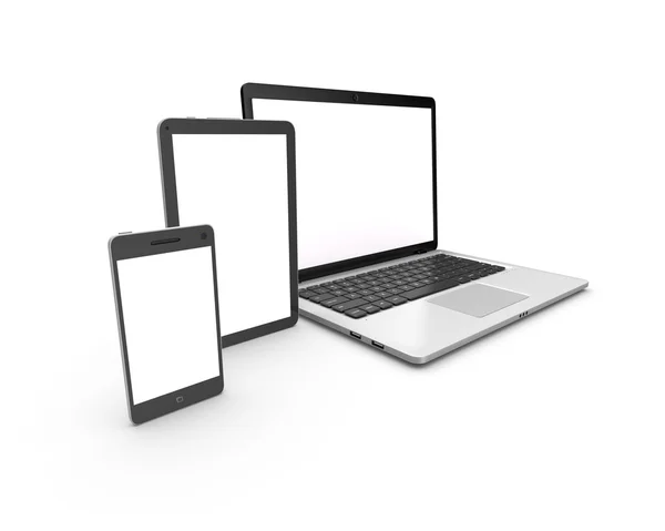 Computadora portátil moderna, tableta y teléfono inteligente aislados en blanco . — Foto de Stock