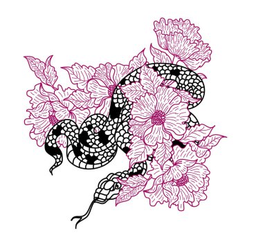 Yılan dövmesi ve Sakura dallı illüstrasyon tasarımı. Elma meyveli kırmızı yılan ve Kiraz çiçeği bahar dönemi vektör illüstrasyonlu arkaplan. Poster tasarımı Kızıl Yılan Sürüngeni ve çiçek çiçeği.