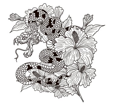 Yılan dövmesi ve Sakura dallı illüstrasyon tasarımı. Elma meyveli kırmızı yılan ve Kiraz çiçeği bahar dönemi vektör illüstrasyonlu arkaplan. Poster tasarımı Kızıl Yılan Sürüngeni ve çiçek çiçeği.