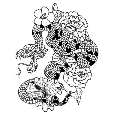 Yılan dövmesi ve Sakura dallı illüstrasyon tasarımı. Elma meyveli kırmızı yılan ve Kiraz çiçeği bahar dönemi vektör illüstrasyonlu arkaplan. Poster tasarımı Kızıl Yılan Sürüngeni ve çiçek çiçeği.