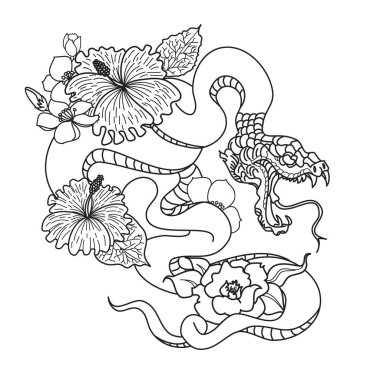 Yılan dövmesi ve Sakura dallı illüstrasyon tasarımı. Elma meyveli kırmızı yılan ve Kiraz çiçeği bahar dönemi vektör illüstrasyonlu arkaplan. Poster tasarımı Kızıl Yılan Sürüngeni ve çiçek çiçeği.