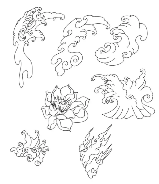 Set Onda Japonesa Diseño Tatuaje Flor Loto Tattoo Fire — Archivo Imágenes Vectoriales