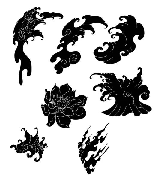 Japanische Welle Set Und Lotusblume Tattoo Fire Tattoo Design — Stockvektor