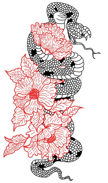 Schlange Tätowierung Und Illustration Design Mit Sakura Branch Red Schlange — Stockvektor