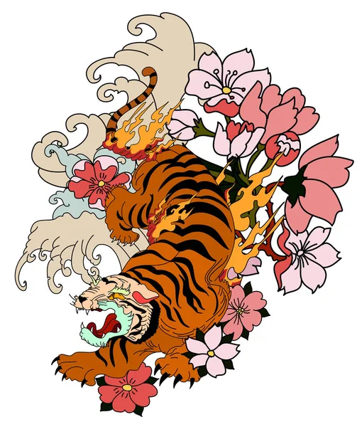 Tatuaje Tradicional Japonés Del Tigre Diseño Del Tatuaje Etiqueta Engomada — Vector de stock