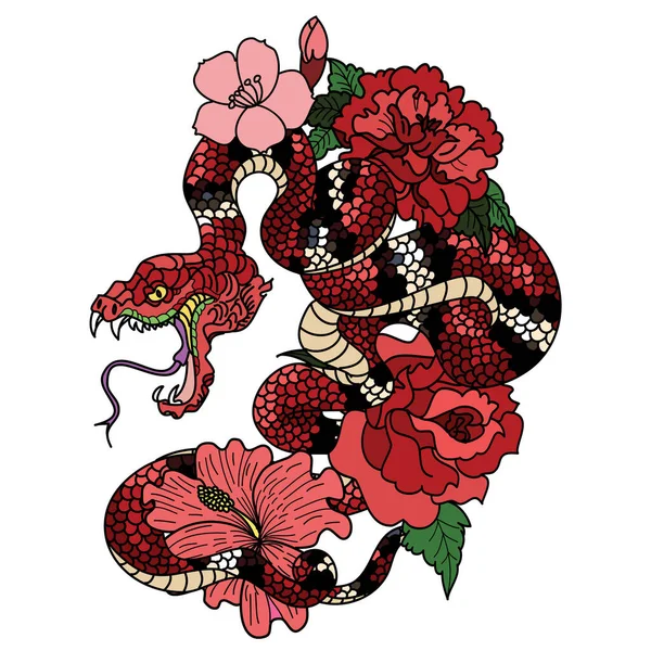 Tatuagem Cobra Design Ilustração Com Sakura Branch Red Cobra Com — Vetor de Stock