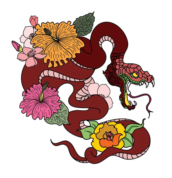 Snake Tattoo Illustration Design Sakura Branch Red Snake Apple Fruit — Stock Vector