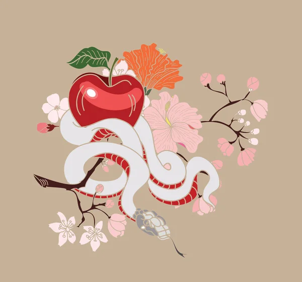 Wąż Tatuaż Projekt Ilustracji Sakura Branch Czerwony Wąż Owoców Jabłka — Wektor stockowy